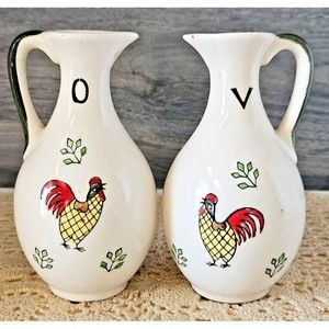 Vintage MCM Ceramic Bottles Rooster Chicken Oil & Vinegar Cruet Set (read)